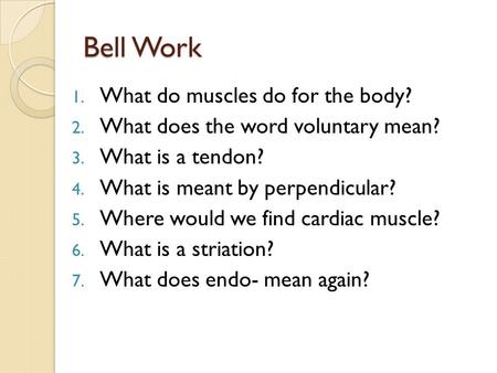 Bell Work 1. What do muscles do for the body? 2. What does the word voluntary mean? 3. What is a tendon? 4. What is meant by perpendicular? 5. Where would.