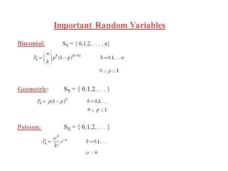 Important Random Variables Binomial: S X = { 0,1,2,..., n} Geometric: S X = { 0,1,2,... } Poisson: S X = { 0,1,2,... }