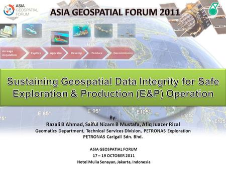 ASIA GEOSPATIAL FORUM 2011 Sustaining Geospatial Data Integrity for Safe Exploration & Production (E&P) Operation By: Razali B Ahmad, Saiful Nizam B Mustafa,