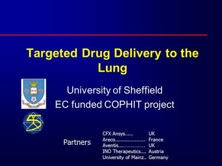 Targeted Drug Delivery to the Lung University of Sheffield EC funded COPHIT project CFX Ansys...... Areco..................... Aventis....……………. INO Therapeutics....