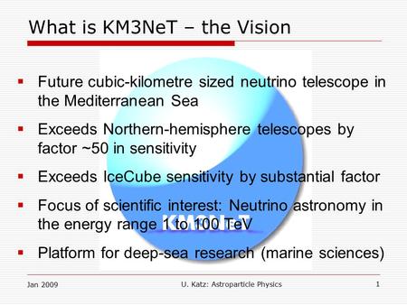 Jan 2009 U. Katz: Astroparticle Physics 1 What is KM3NeT – the Vision  Future cubic-kilometre sized neutrino telescope in the Mediterranean Sea  Exceeds.