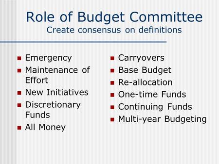 Role of Budget Committee Create consensus on definitions Emergency Maintenance of Effort New Initiatives Discretionary Funds All Money Carryovers Base.
