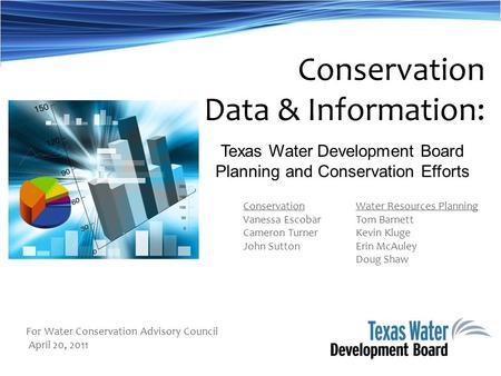 Texas Water Development Board Planning and Conservation Efforts Conservation Vanessa Escobar Cameron Turner John Sutton Conservation Data & Information: