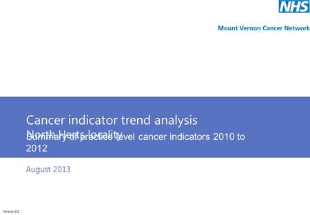 Cunliffeanalytics Cancer indicator trend analysis North Herts locality Summary of practice level cancer indicators 2010 to 2012 Version 2.1 August 2013.