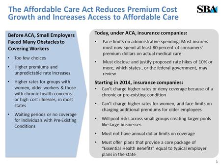 The Affordable Care Act Reduces Premium Cost Growth and Increases Access to Affordable Care Before ACA, Small Employers Faced Many Obstacles to Covering.