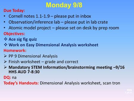 Slide 1 of 21 Due Today: Cornell notes 1.1-1.9 – please put in inbox Observation/inference lab – please put in lab crate Atomic model project – please.