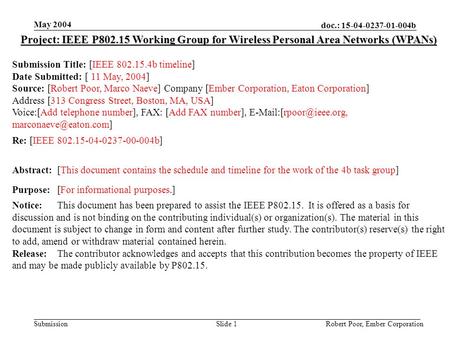 Doc.: 15-04-0237-01-004b Submission May 2004 Robert Poor, Ember CorporationSlide 1 Project: IEEE P802.15 Working Group for Wireless Personal Area Networks.