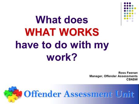 WHAT WORKS What does WHAT WORKS have to do with my work? Ross Feenan Manager, Offender Assessments CSNSW.