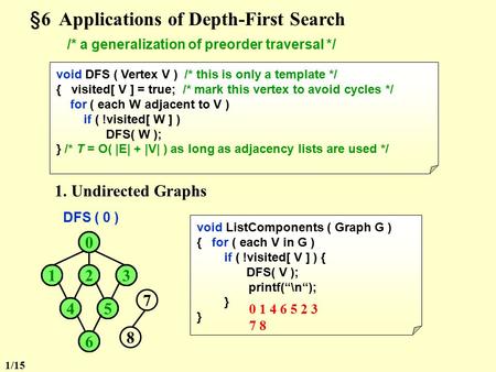 §6 Applications of Depth-First Search /* a generalization of preorder traversal */ void DFS ( Vertex V ) /* this is only a template */ { visited[ V ]