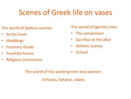 Scenes of Greek life on vases The world of (gentle) men The symposium Sacrifice at the altar Athletic scenes School The world of (ladies) women At the.
