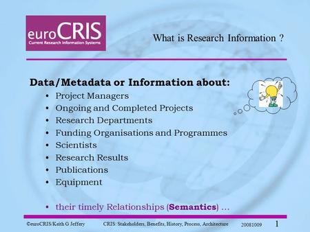 ©euroCRIS/Keith G JefferyCRIS: Stakeholders, Benefits, History, Process, Architecture 20081009 1 What is Research Information ? Data/Metadata or Information.