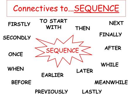 Connectives to...SEQUENCE SEQUENCE FIRSTLY SECONDLY TO START WITH THEN NEXT AFTER ONCE WHEN WHILE BEFORE LATER EARLIER MEANWHILE PREVIOUSLY FINALLY LASTLY.