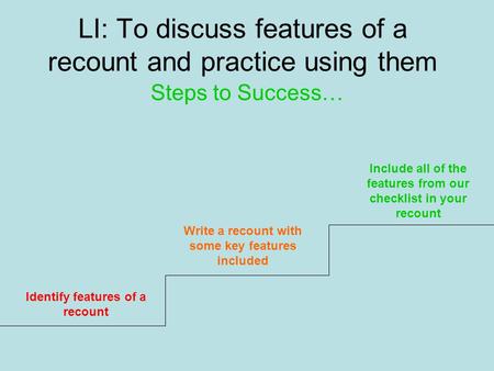 LI: To discuss features of a recount and practice using them Steps to Success… Identify features of a recount Write a recount with some key features included.