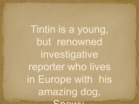 Tintin is a young, but renowned investigative reporter who lives in Europe with his amazing dog, Snowy.