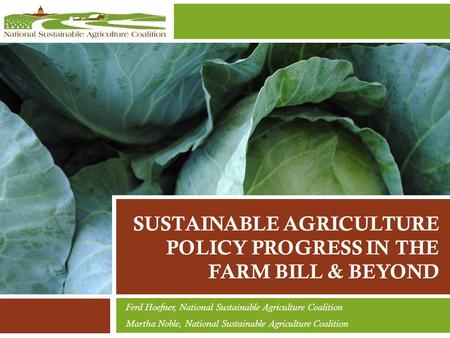 SUSTAINABLE AGRICULTURE POLICY PROGRESS IN THE FARM BILL & BEYOND Ferd Hoefner, National Sustainable Agriculture Coalition Martha Noble, National Sustainable.