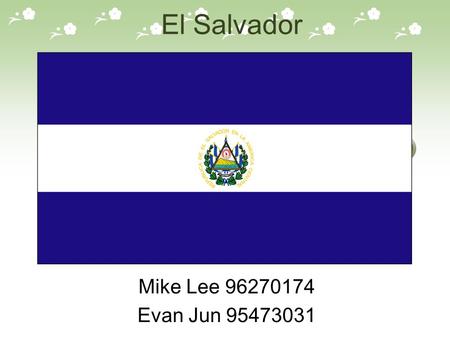 El Salvador Mike Lee 96270174 Evan Jun 95473031.  Location : In the Central Pacific coast of Central America  Area ( ㎢ ) : 21040  Time Zone :UTC -6.