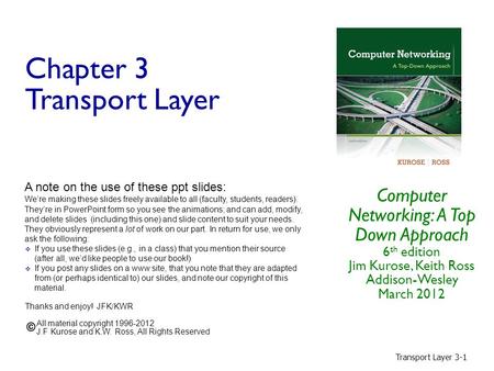Transport Layer 3-1 Chapter 3 Transport Layer Computer Networking: A Top Down Approach 6 th edition Jim Kurose, Keith Ross Addison-Wesley March 2012 A.