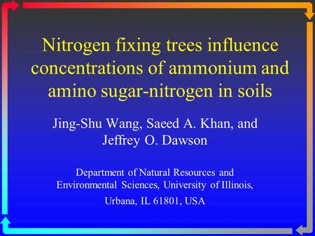 Nitrogen fixing trees influence concentrations of ammonium and amino sugar-nitrogen in soils Jing-Shu Wang, Saeed A. Khan, and Jeffrey O. Dawson Department.