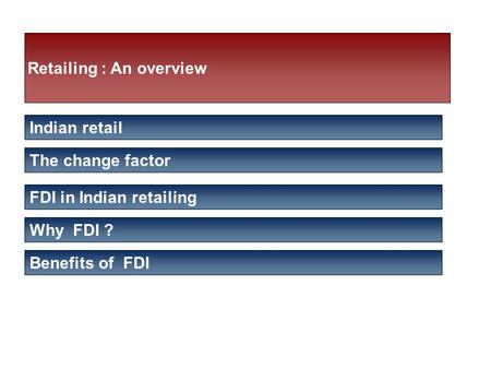 Retailing : An overview Indian retail The change factor FDI in Indian retailing Why FDI ? Benefits of FDI.