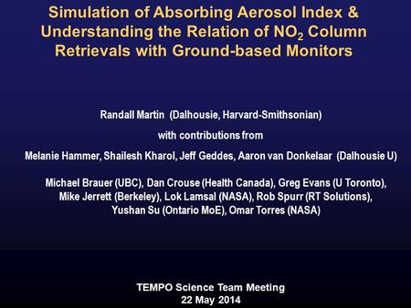 Simulation of Absorbing Aerosol Index & Understanding the Relation of NO 2 Column Retrievals with Ground-based Monitors Randall Martin (Dalhousie, Harvard-Smithsonian)