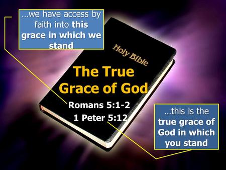 The True Grace of God Romans 5:1-2 1 Peter 5:12 1 Peter 5:12 …we have access by faith into this grace in which we stand …this is the true grace of God.