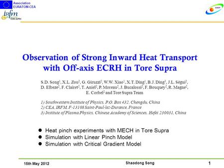 1 15th May 2012 Association EURATOM-CEA Shaodong Song Observation of Strong Inward Heat Transport with Off-axis ECRH in Tore Supra Heat pinch experiments.