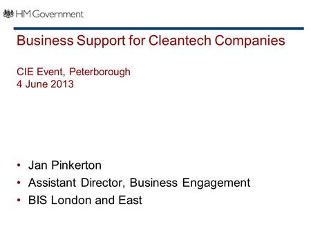 Business Support for Cleantech Companies CIE Event, Peterborough 4 June 2013 Jan Pinkerton Assistant Director, Business Engagement BIS London and East.