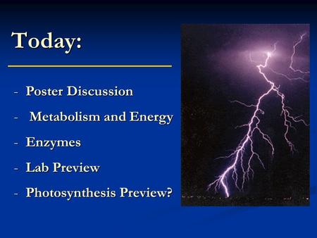 Today: -Poster Discussion - Metabolism and Energy -Enzymes -Lab Preview -Photosynthesis Preview?