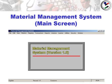 Material Management System (Main Screen). Masters.