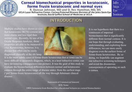 Statement of Commercial Interest: RDJ: None DRH: honoraria from Reichert for educational lectures on corneal biomechanics Multiple studies have shown ex.