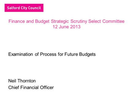 Finance and Budget Strategic Scrutiny Select Committee 12 June 2013 Examination of Process for Future Budgets Neil Thornton Chief Financial Officer.