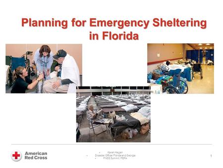 Planning for Emergency Sheltering in Florida 1  Karen Hagan  Disaster Officer Florida and Georgia  FNSS Summit: FEPA.