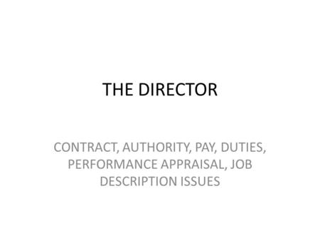 THE DIRECTOR CONTRACT, AUTHORITY, PAY, DUTIES, PERFORMANCE APPRAISAL, JOB DESCRIPTION ISSUES.