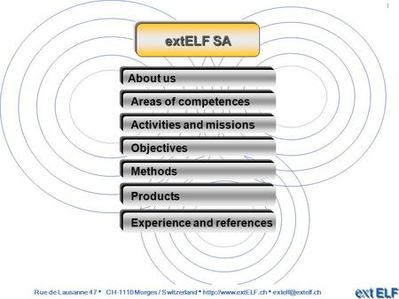 ExtELF SA About us Areas of competences Activities and missions Objectives Methods Experience and references Products Rue de Lausanne 47 CH-1110 Morges.