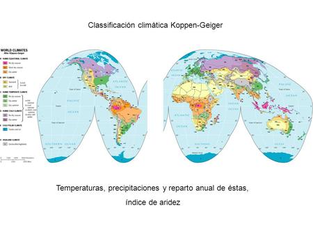 Classificación climàtica Koppen-Geiger Temperaturas, precipitaciones y reparto anual de éstas, índice de aridez.