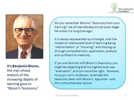 It’s Benjamin Bloom, the man whose analysis of the increasing depths of learning gave us “Bloom’s Taxonomy”. Do you remember Blooms’ Taxonomy from your.