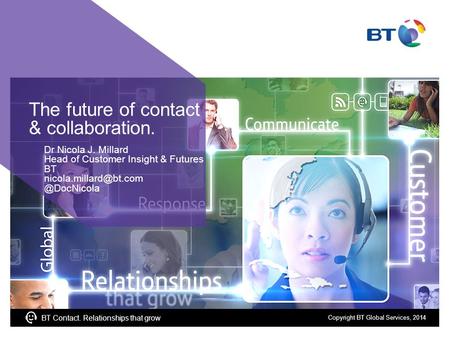 BT Contact. Relationships that grow The future of contact & collaboration. Dr Nicola J. Millard Head of Customer Insight & Futures BT
