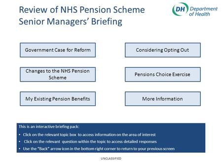 Review of NHS Pension Scheme Senior Managers’ Briefing Changes to the NHS Pension Scheme My Existing Pension Benefits Government Case for ReformConsidering.