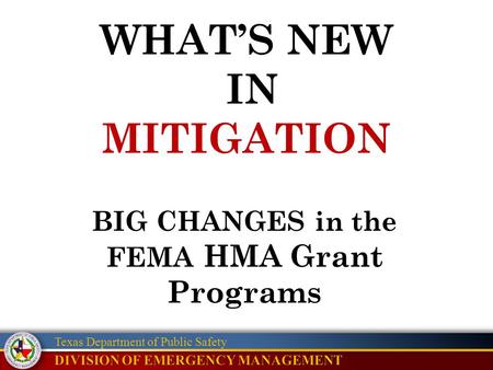 Texas Department of Public Safety WHAT’S NEW IN MITIGATION BIG CHANGES in the FEMA HMA Grant Programs.