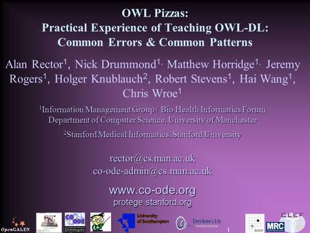 1 OWL Pizzas: Practical Experience of Teaching OWL-DL: Common Errors & Common Patterns Alan Rector 1, Nick Drummond 1, Matthew Horridge 1, Jeremy Rogers.