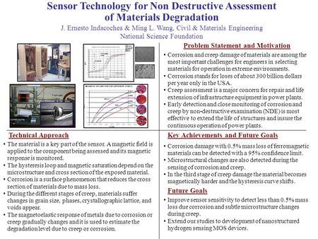 Sensor Technology for Non Destructive Assessment of Materials Degradation J. Ernesto Indacochea & Ming L. Wang, Civil & Materials Engineering National.