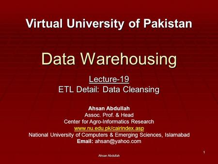 Lecture-19 ETL Detail: Data Cleansing