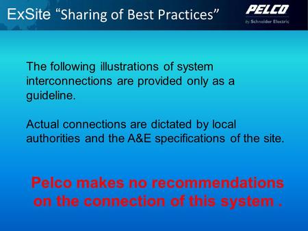 ExSite “ Sharing of Best Practices” The following illustrations of system interconnections are provided only as a guideline. Actual connections are dictated.