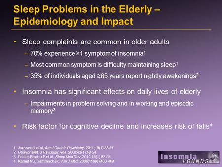 Sleep Problems in the Elderly – Epidemiology and Impact Sleep complaints are common in older adults –70% experience ≥1 symptom of insomnia 1 –Most common.