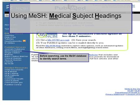 Using MeSH: Medical Subject Headings Before searching, use the MeSH database to identify search terms.