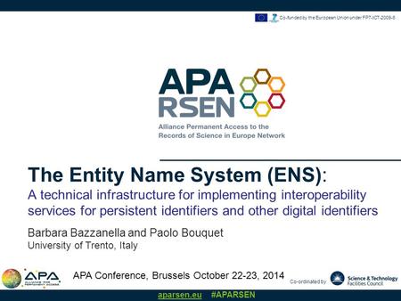 Co-ordinated by aparsen.eu #APARSEN Co-funded by the European Union under FP7-ICT-2009-6 The Entity Name System (ENS): A technical infrastructure for implementing.