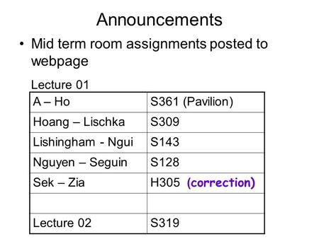 Announcements Mid term room assignments posted to webpage A – HoS361 (Pavilion) Hoang – LischkaS309 Lishingham - NguiS143 Nguyen – SeguinS128 Sek – Zia.