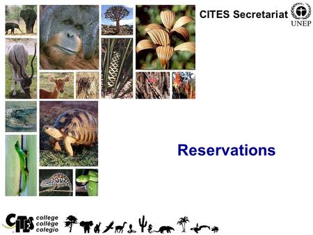 1 Reservations CITES Secretariat. 2 Reservations Any Party can make a specific reservation with respect to: –Any species listed in Appendix I or II (within.