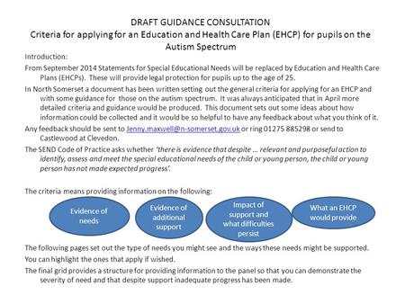 DRAFT GUIDANCE CONSULTATION Criteria for applying for an Education and Health Care Plan (EHCP) for pupils on the Autism Spectrum Introduction: From September.