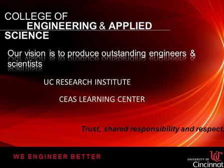 COLLEGE OF ENGINEERING & APPLIED SCIENCE WE ENGINEER BETTER TM UC RESEARCH INSTITUTE CEAS LEARNING CENTER Trust, shared responsibility and respect.
